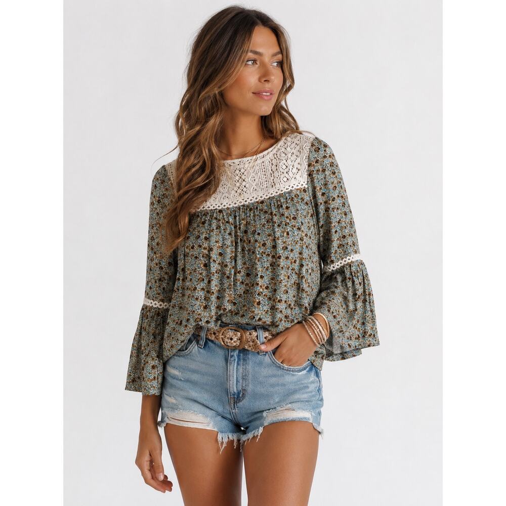Entro Boho Floral Lace Peasant Top Small Blue Brown Bell Sleeve Cottagecore